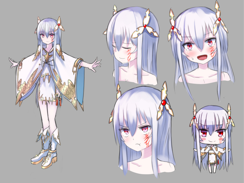1girl, :t, albino, blush, boots, character_sheet, chibi, facial_tattoo