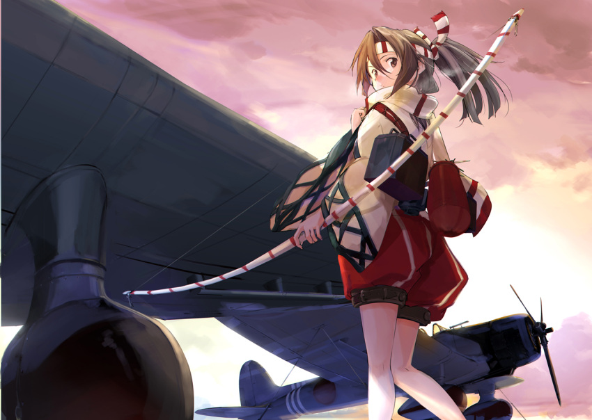 1girl, aichi_d3a, aircraft, airplane, bow_(weapon), brown_eyes, brown_hair, from_below