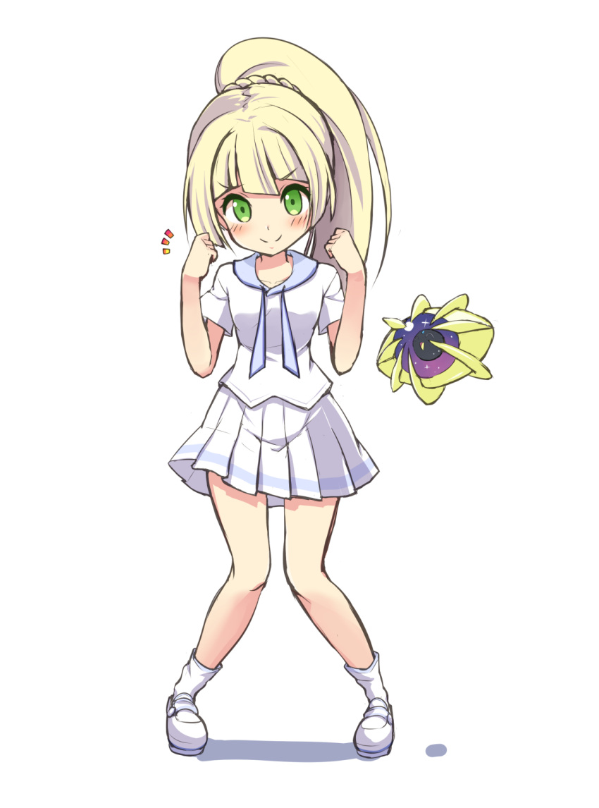 1girl, blonde_hair, clenched_hands, cosmoem, green_eyes, highres, knees_together_feet_apart, lillie_(pokemon)