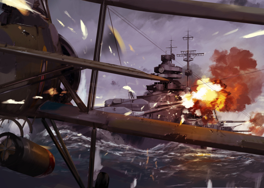 aircraft, airplane, battleship, biplane, bismarck, fairey_swordfish, firing, military