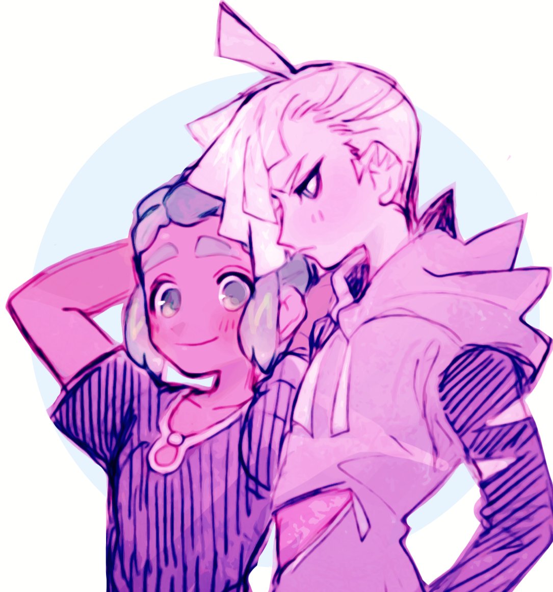 2boys, arms_behind_head, blush, circle, closed_mouth, dark_skin, dark_skinned_male, eyebrows
