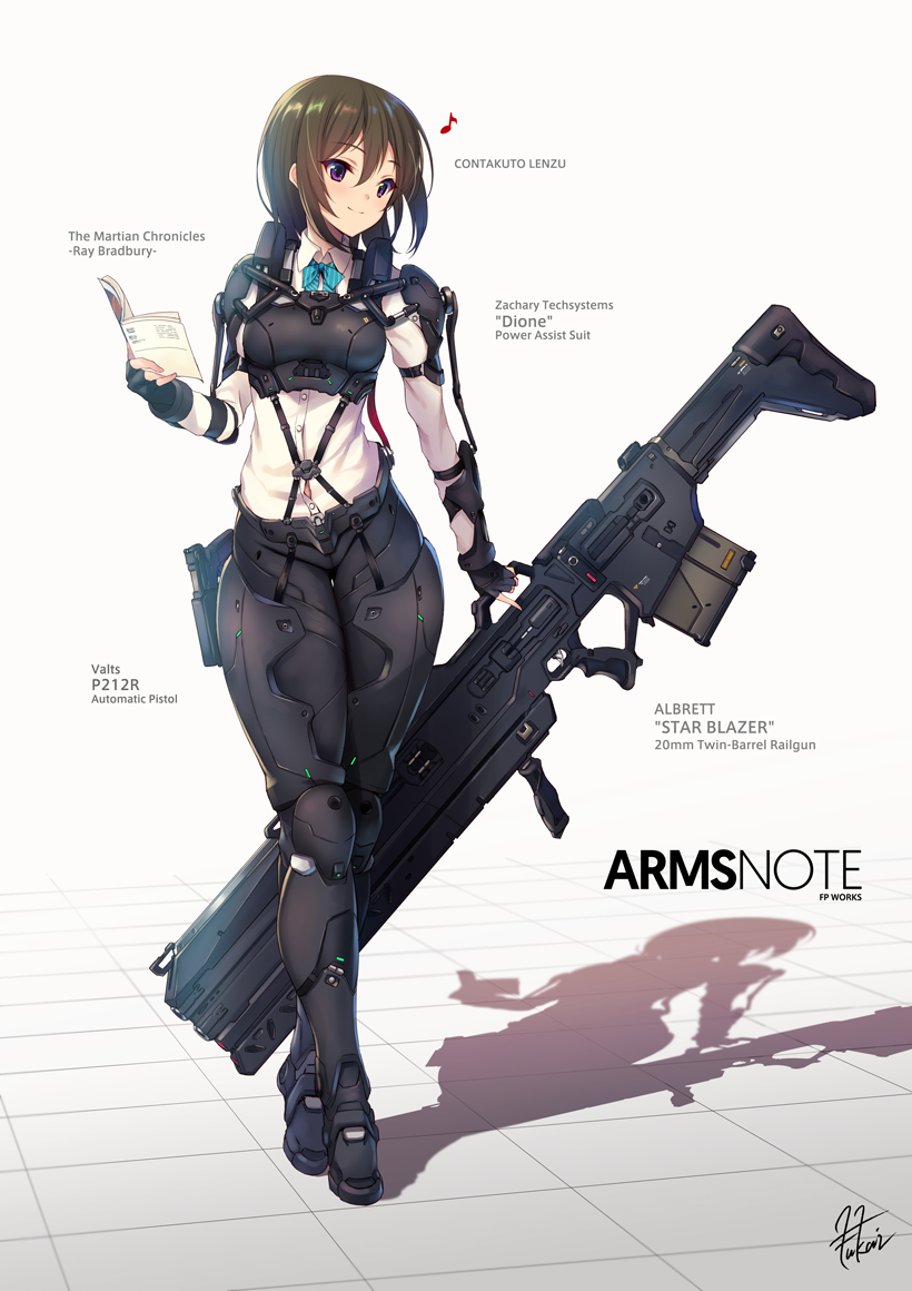 1girl, arm_at_side, arm_belt, arm_grab, armor, armored_boots, bangs, belt, black_gloves, black_pants, blue_bow, blue_bowtie, blush, book, boots, bow, bowtie, breastplate, brown_hair, buttons, closed_mouth, collared_shirt, dress_shirt, fingerless_gloves, fukai_ryousuke, full_body, gloves, gun, hair_between_eyes, handgun, holding, holding_book, holding_gun, holding_weapon, holster, humming, long_sleeves, looking_at_viewer, musical_note, open_book, original, pants, pauldrons, pistol, quaver, shadow, shirt, short_hair, signature, smile, solo, striped, striped_bow, striped_bowtie, suspenders, thigh_gap, tile_floor, tiles, violet_eyes, walking, weapon, white_shirt