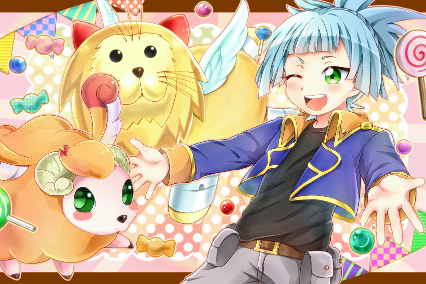 1boy, blue_hair, candy, cropped_jacket, food, green_eyes, highres, lollipop, one_eye_closed, open_mouth, outstretched_arms, pouch, ringo_(mk1104-toatales), shiun'in_sora, smile, tied_hair, wings, yu-gi-oh!, yuu-gi-ou_arc-v