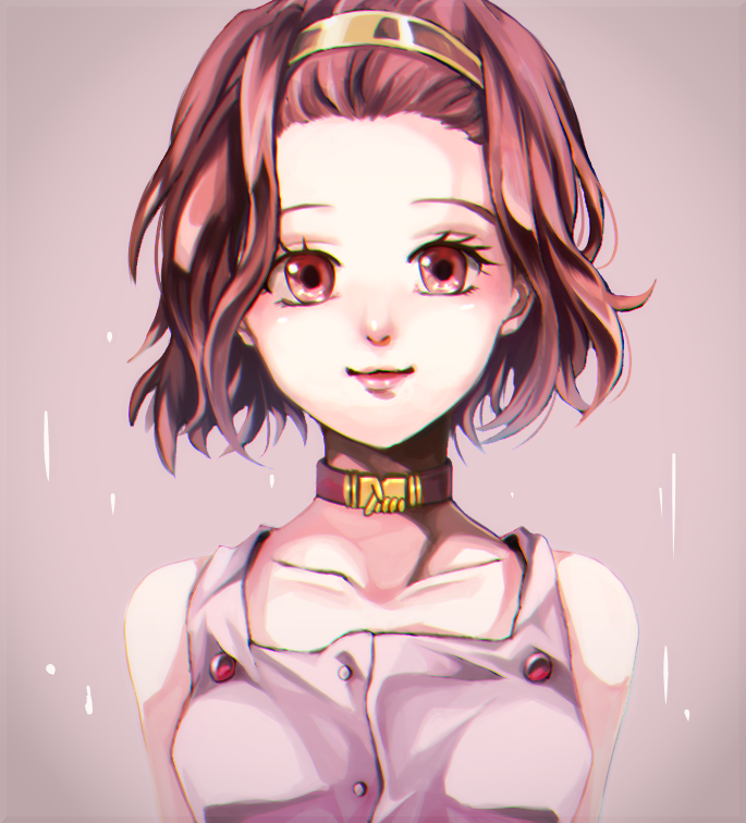 1girl, brown_hair, choker, chromatic_aberration, collarbone, dress, hairband, jojo_no_kimyou_na_bouken, lips, pink_dress, pink_eyes, ringo_(mk1104-toatales), smile, solo, sugimoto_reimi, upper_body