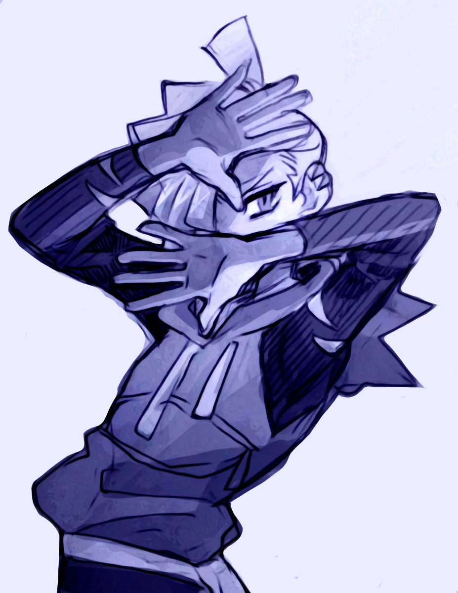 1boy, blue_background, covered_mouth, cowboy_shot, gladio_(pokemon), hair_over_one_eye, hhn, highres, hood, hoodie, looking_at_viewer, male_focus, monochrome, pokemon, pokemon_(game), pokemon_sm, pose, simple_background, solo, z-move