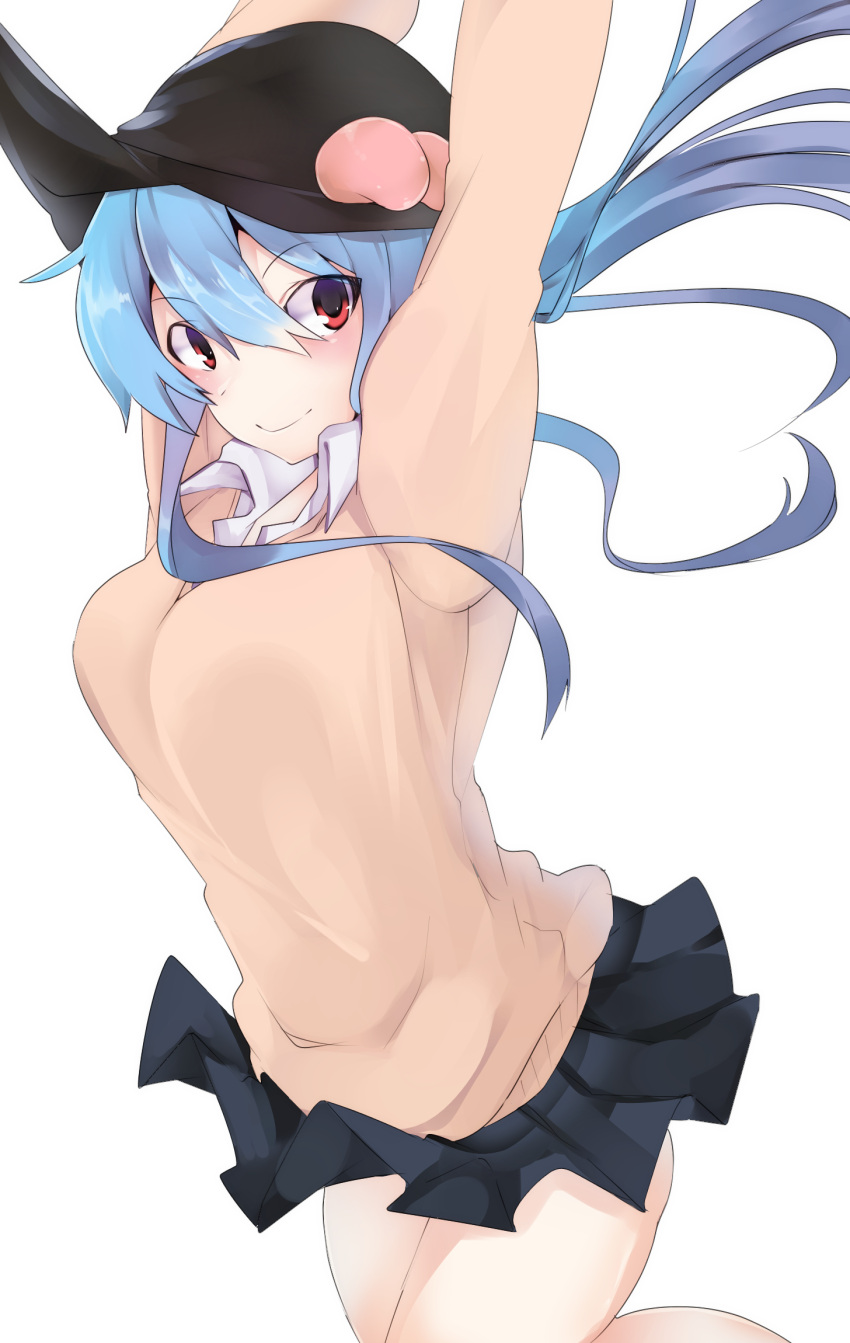 1girl, alternate_costume, arms_up, blue_hair, blush, bouncing_breasts, breasts, collared_shirt