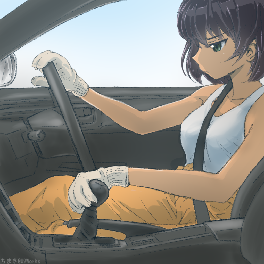 1girl, black_hair, car, car_interior, chimaki_(u9works), collarbone, commentary_request, dark_skin