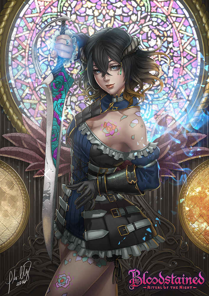 1girl, 2016, belt, bloodstained:_ritual_of_the_night, blue_eyes, blue_fire, copyright_name, cowboy_shot