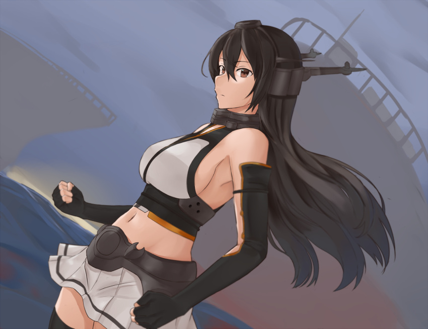 1girl, armpits, bare_shoulders, black_gloves, black_hair, black_legwear, breasts, brown_eyes, cold_(hoshinoskull), cowboy_shot, dutch_angle, elbow_gloves, fingerless_gloves, from_side, gloves, headgear, highres, kantai_collection, large_breasts, long_hair, looking_at_viewer, looking_to_the_side, miniskirt, nagato_(kantai_collection), pleated_skirt, sideboob, skirt, solo, thigh-highs