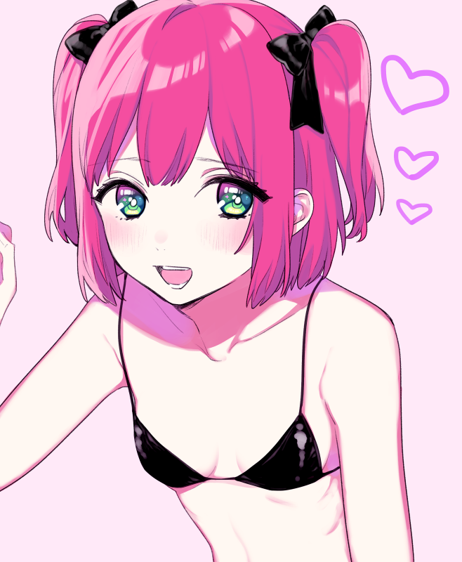 1girl, :d, arm_at_side, bangs, bare_arms, bare_shoulders, black_bow, black_bra