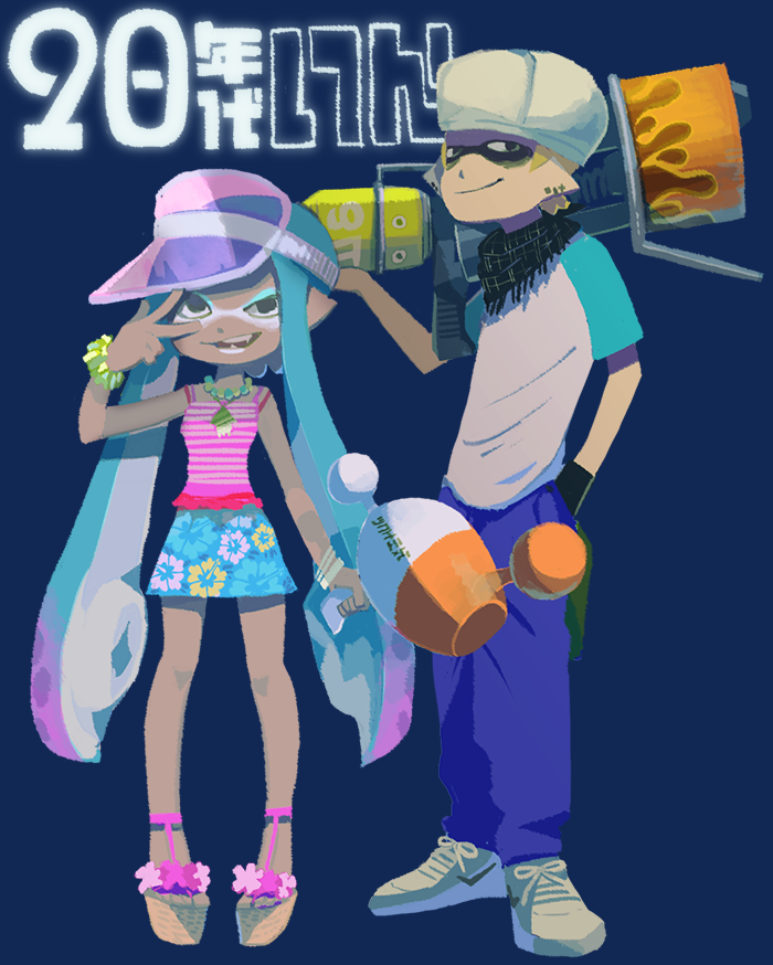 1boy, 1girl, blaster_(splatoon), blonde_hair, blue_background, blue_hair, bracelet, dark_skin, domino_mask, floral_print, ganguro, hand_in_pocket, inkling, jewelry, katou_(osoraku), luna_blaster_(splatoon), mask, necklace, over_shoulder, pointy_ears, raglan_sleeves, sandals, scarf, shirt, shoes, simple_background, skirt, sneakers, spaghetti_strap, splatoon, t-shirt, tentacle_hair, v, visor_cap, weapon, weapon_over_shoulder, wedge_heels