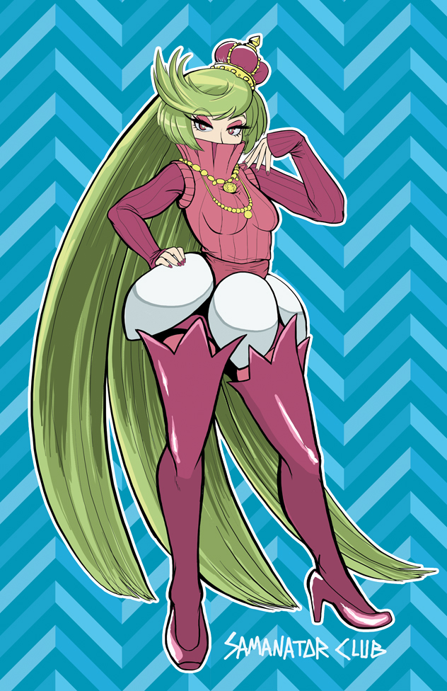 1girl, absurdly_long_hair, artist_name, bangs, boots, covered_mouth, crown, eyeshadow