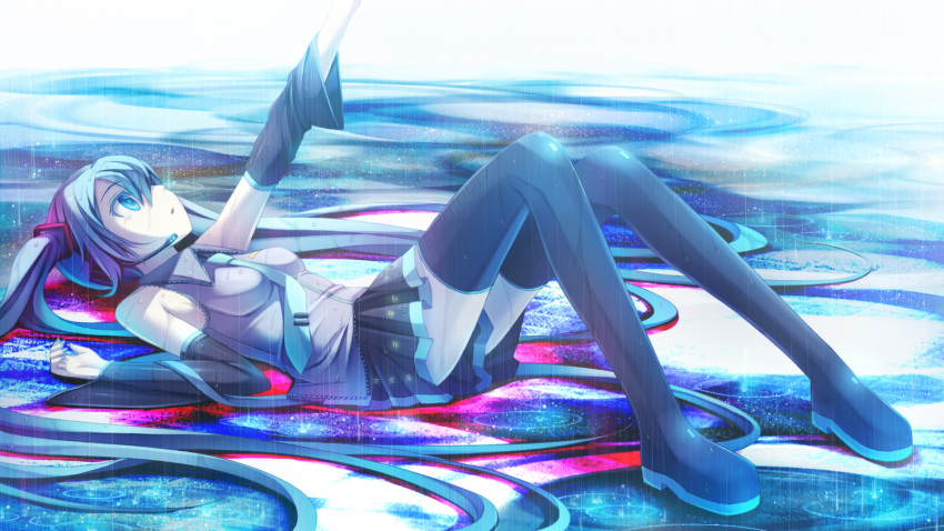 blue_eyes, blue_hair, boots, hatsune_miku, headphones, long_hair, lying_down, necktie, open_mouth, rain, raining, reaching_out, skirt, sleeves, tagme, vocaloid