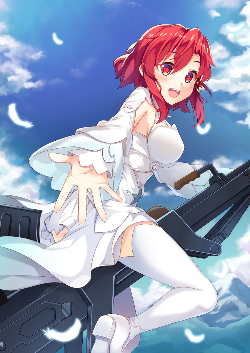 1girl, :d, anti-tank_rifle, blue_sky, breasts, dance_of_eternity, dress, highres