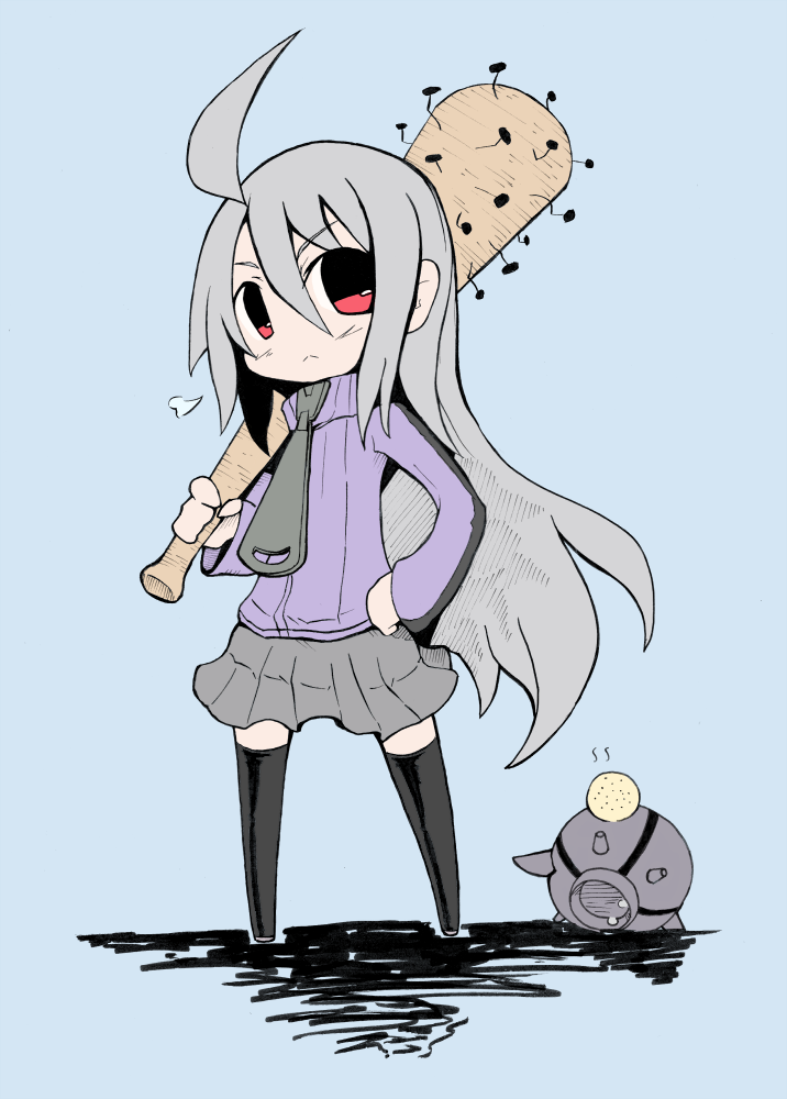 1girl, ahoge, baseball_bat, black_legwear, jacket, kuro_(kuroi-nanika), long_hair, long_sleeves