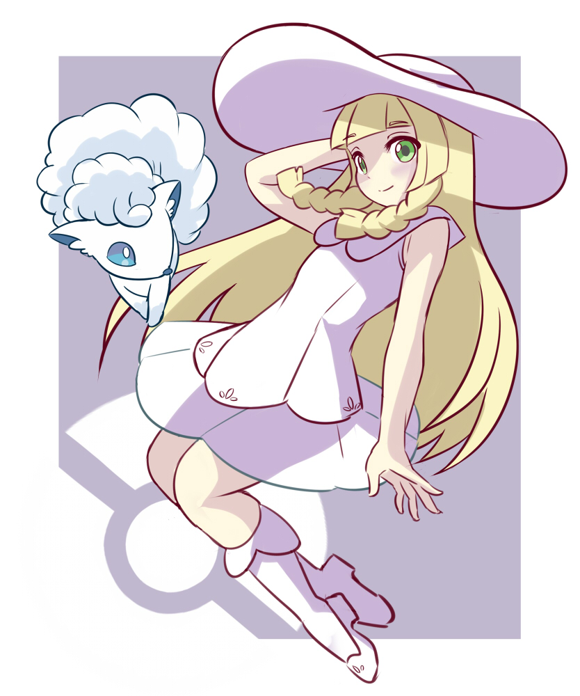 1girl, alolan_vulpix, blonde_hair, braid, dress, fluffy, green_eyes, hand_behind_head