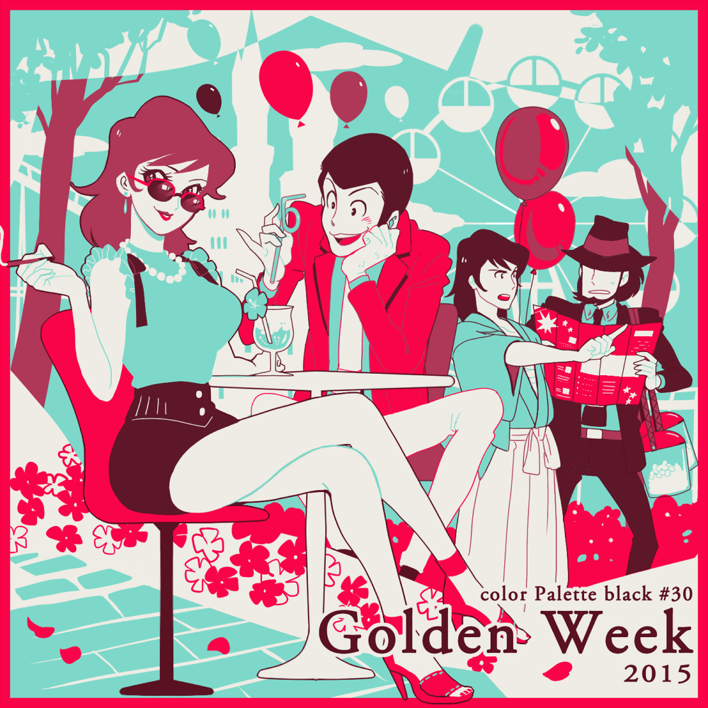 1girl, 3boys, arsene_lupin_iii, barefoot, black_hair, hat, ishikawa_goemon_xiii, jigen_daisuke, lupin_iii, mine_fujiko, multiple_boys, sunglasses, tsuntsun_(tuuuuuuntun), zenigata_kouichi