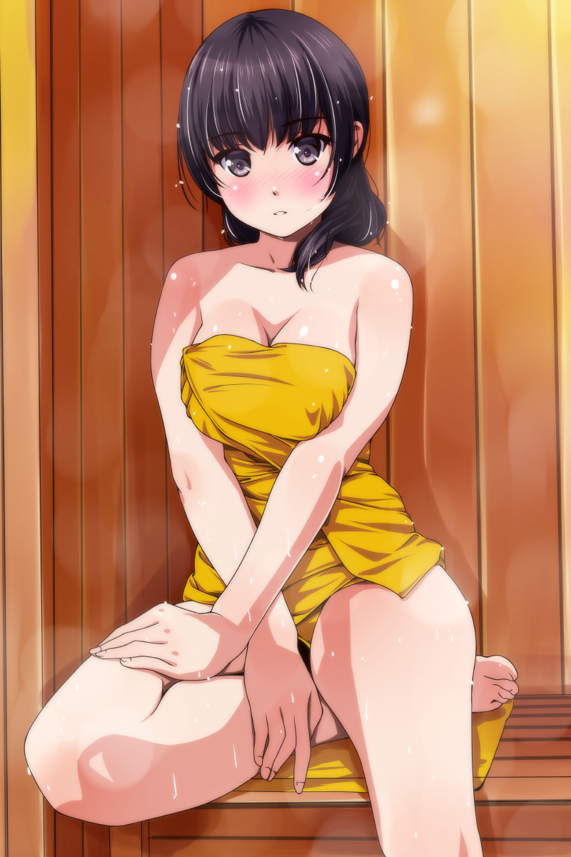 1girl, barefoot, black_eyes, black_hair, blush, breasts, cleavage, highres
