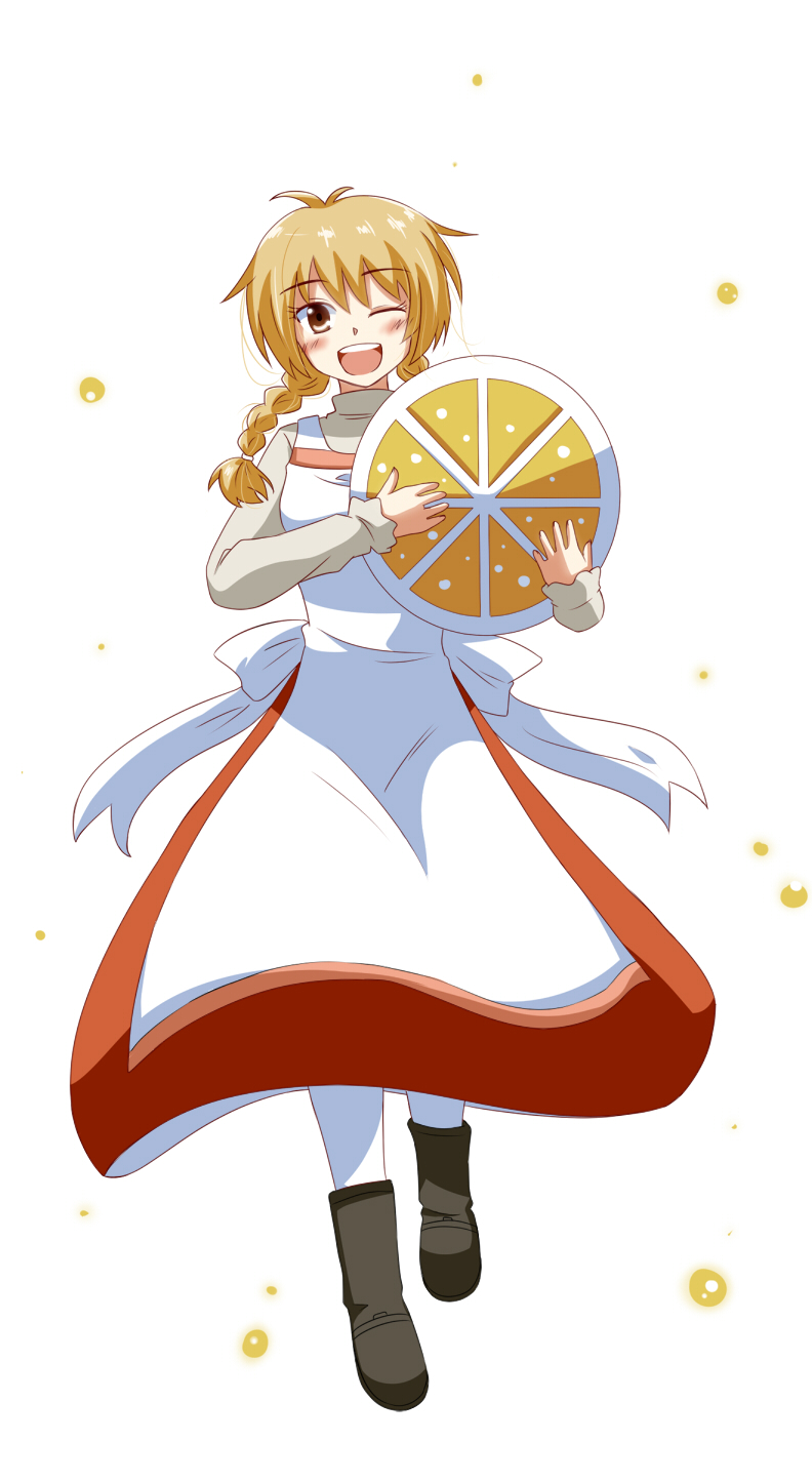 100_percent_orange_juice, 1girl, apron, artist_request, boots, braid, brown_eyes, brown_hair