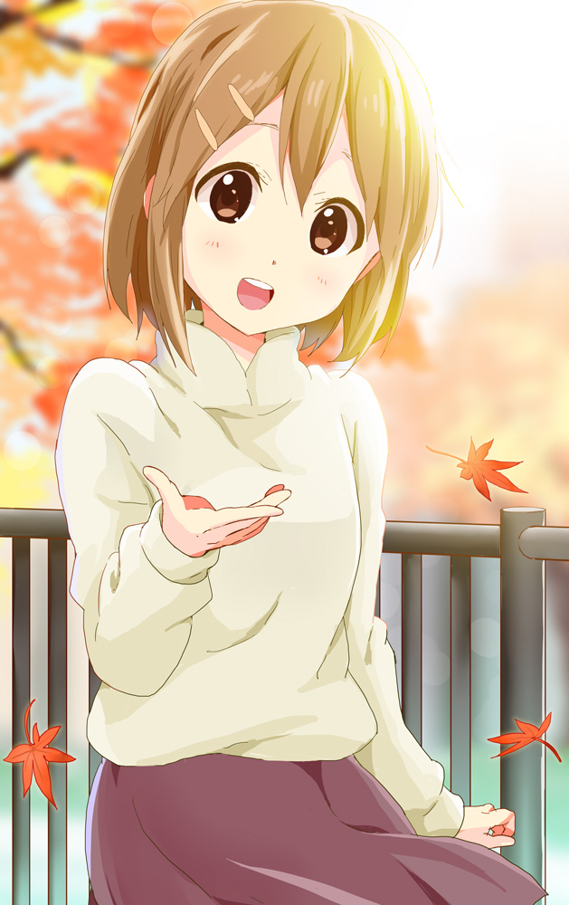 1girl, autumn_leaves, brown_eyes, brown_hair, brown_skirt, hirasawa_yui, k-on!, kisuke_(akutamu)