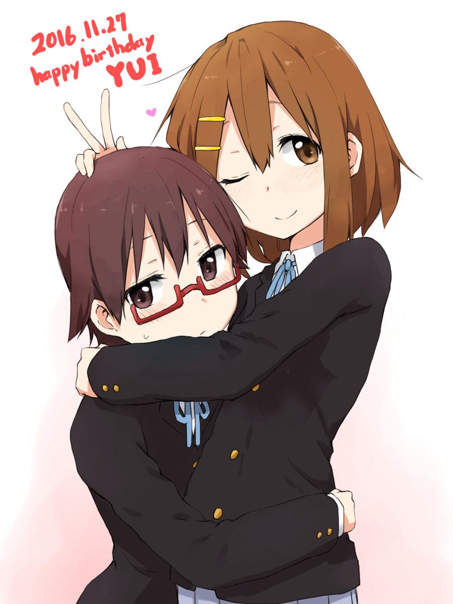 2016, 2girls, brown_eyes, brown_hair, brown_skirt, character_name, dated, glasses