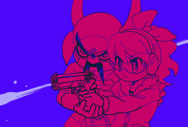 1boy, 1girl, araimashou, earmuffs, facial_hair, female, frown, goggles, gun, handgun, kodama_fumika, male, mintperil, monochrome, mustache, pink, purple_background, surgical_mask, weapon, youkai, youkai_watch