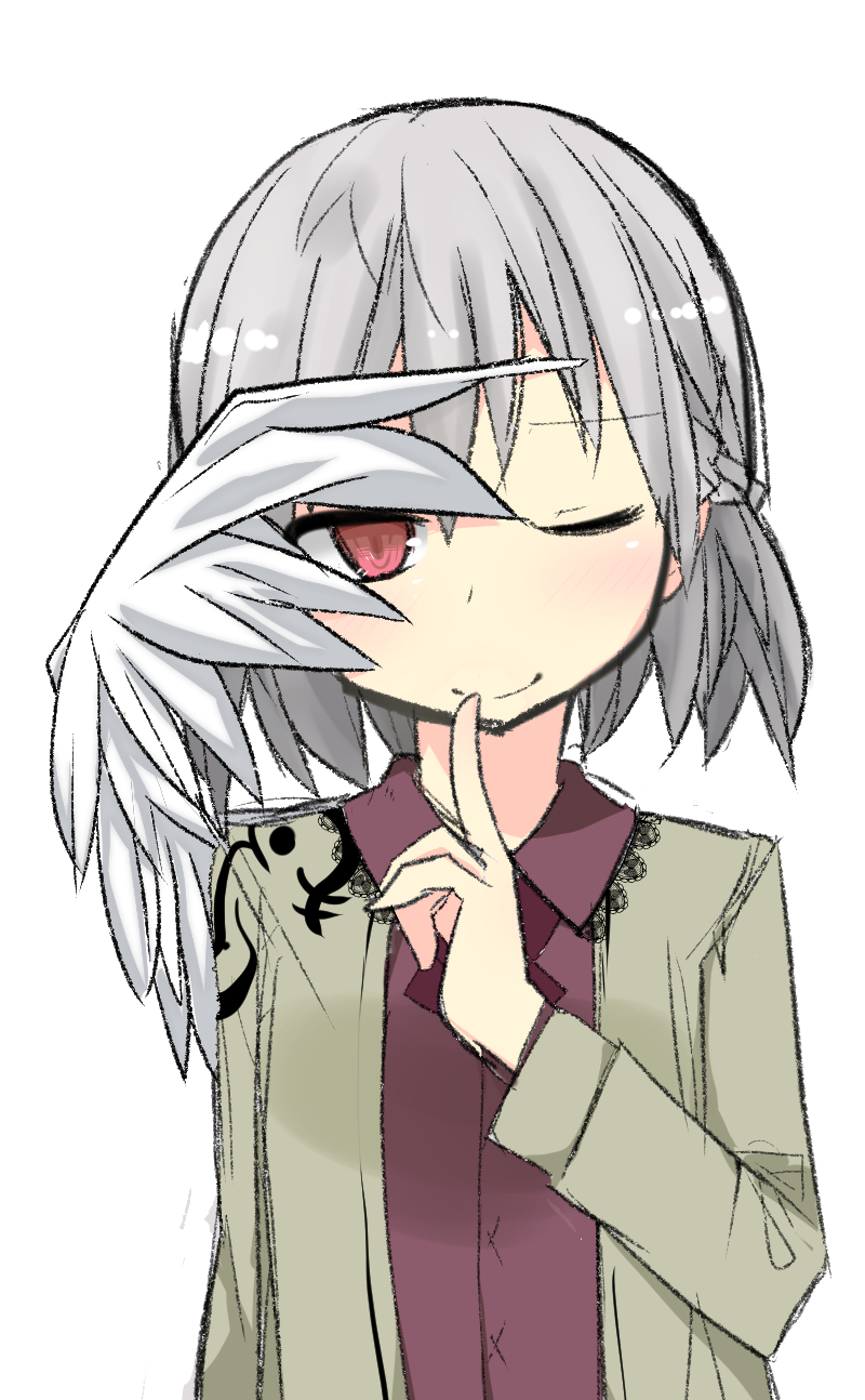 1girl, finger_to_mouth, grey_hair, highres, kishin_sagume, ladfa, one_eye_closed, red_eyes