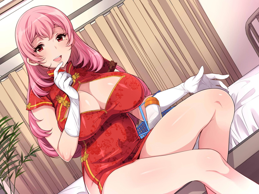 1girl, bed, breasts, china_dress, chinese_clothes, dress, highres, inari_(kimitama0902yahoocojp)