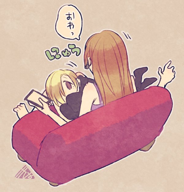 2girls, age_difference, artist_name, asymmetrical_hair, bare_arms, bare_shoulders, barefoot, black_legwear, blonde_hair, brown_background, brown_eyes, brown_hair, couch, earrings, from_above, from_behind, hair_over_one_eye, hands_in_sleeves, height_difference, hood, hood_down, hoodie, idolmaster, idolmaster_cinderella_girls, jewelry, kyo_(kyokuto016), long_hair, long_sleeves, lying_on_lap, lying_on_person, matsunaga_ryou, multiple_girls, shirasaka_koume, short_hair, signature, sitting, sleeves_past_wrists, spaghetti_strap, speech_bubble, tablet, tank_top