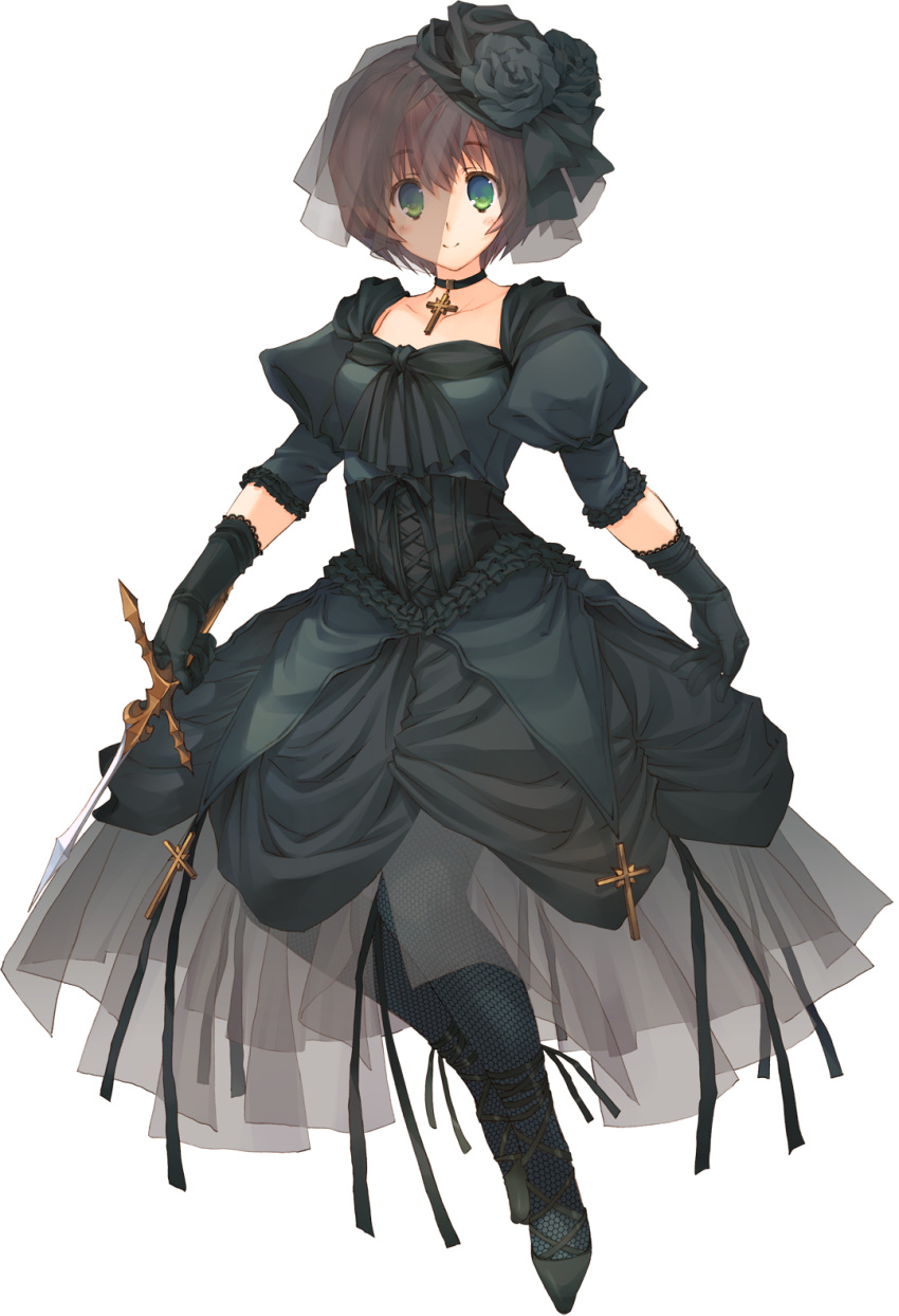1girl, aquaplus, black_dress, black_legwear, brown_hair, choker, cross, dagger, dress, dungeon_travelers_2, full_body, green_eyes, highres, holding, holding_weapon, mitsumi_misato, official_art, pantyhose, puffy_sleeves, short_hair, sleeves_past_elbows, smile, solo, souffle_twinny, transparent_background, veil, weapon