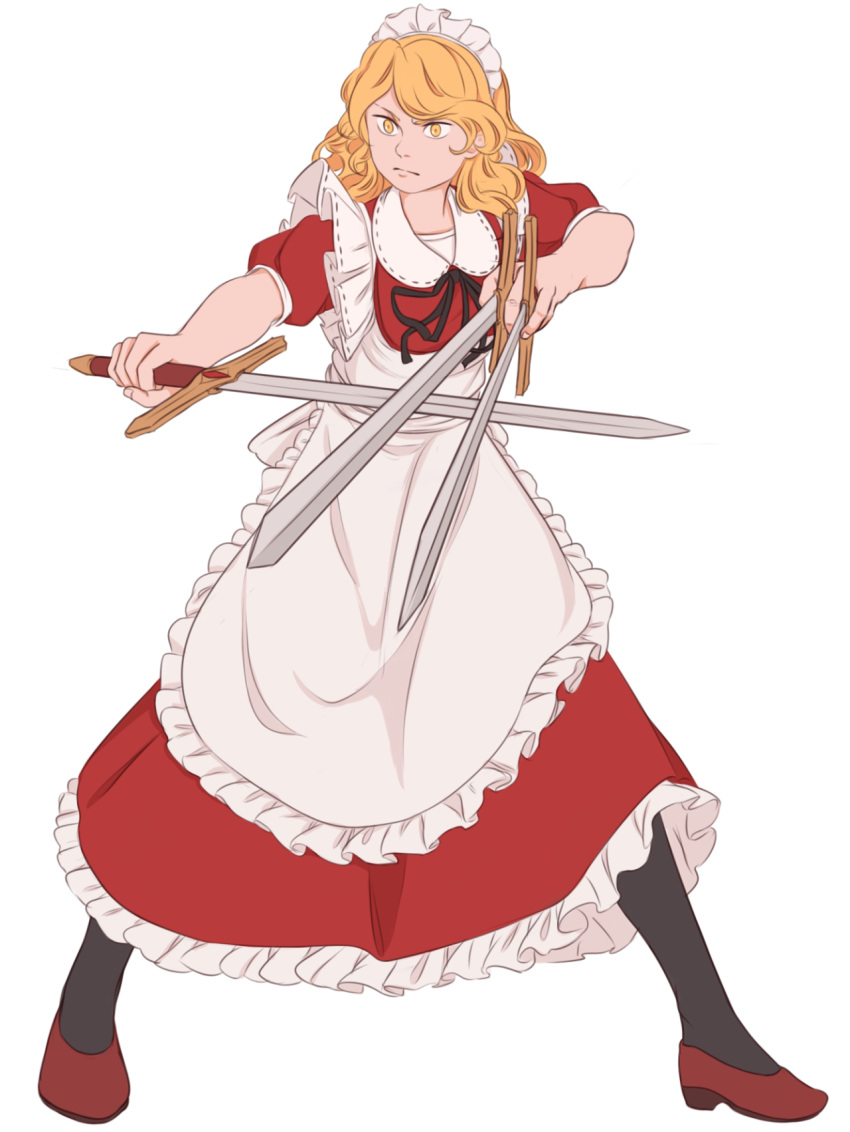 1girl, apron, blonde_hair, commentary, dress, frills, highres, maid