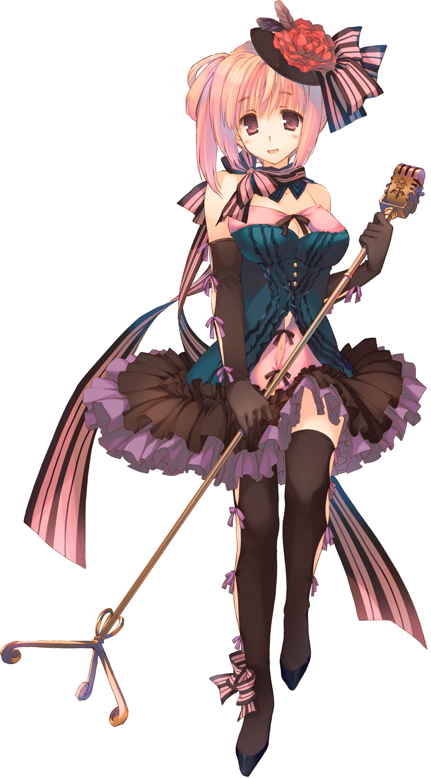 1girl, aquaplus, black_gloves, conette_st._honore, dress, dungeon_travelers_2, elbow_gloves, eyebrows, eyebrows_visible_through_hair, full_body, gloves, hair_ornament, highres, holding, microphone, mitsumi_misato, official_art, pink_eyes, pink_hair, skirt, solo, thigh-highs, transparent_background