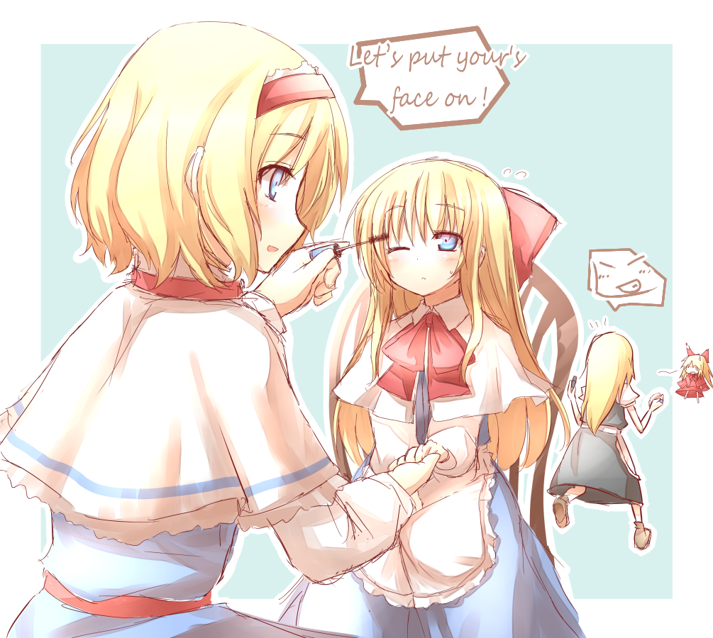 alice_margatroid, applying_makeup, blonde_hair, blue_eyes, blush, doll, dolls, engrish