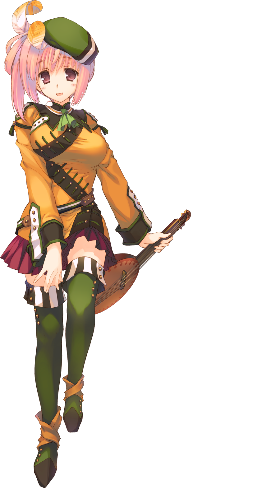 1girl, aquaplus, blush, boots, conette_st._honore, dungeon_travelers_2, full_body, hat, highres, holding, instrument, long_sleeves, mitsumi_misato, open_mouth, pink_eyes, pink_hair, pleated_skirt, red_eyes, skirt, thigh-highs, thigh_boots, transparent_background, zettai_ryouiki