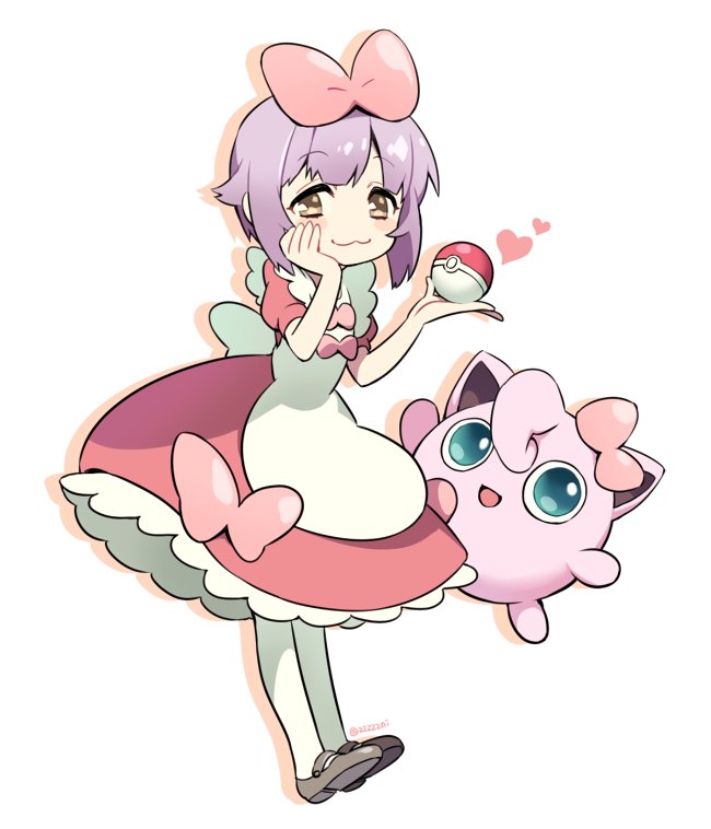 1girl, :3, apron, artist_name, bow, cosplay, creature, crossover, dress, fairy_tale_girl_(pokemon), frilled_dress, frills, full_body, hair_bow, hand_on_own_face, heart, holding, holding_poke_ball, idolmaster, idolmaster_cinderella_girls, jigglypuff, koshimizu_sachiko, looking_at_viewer, mary_janes, no_nose, pantyhose, pink_dress, poke_ball, pokemon, pokemon_(creature), puffy_sleeves, purple_hair, shoes, short_hair, simple_background, solo, twitter_username, white_background, white_legwear, zn_(zzzzzni)