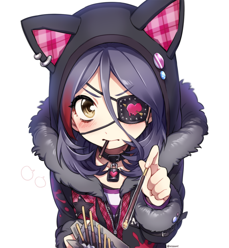 1girl, animal_ears, arrow_through_heart, artist_name, belt_collar, blank_speech_bubble, blush, brown_eyes, cat_ears, coat, ear_piercing, eyepatch, face, food, fur_trim, hayasaka_mirei, hood, hood_up, idolmaster, idolmaster_cinderella_girls, lock, long_sleeves, looking_at_viewer, multicolored_hair, padlock, piercing, pocky, pocky_day, pov, pov_feeding, purple_hair, simple_background, solo, speech_bubble, tsundere, twitter_username, two-tone_hair, upper_body, white_background, zn_(zzzzzni)