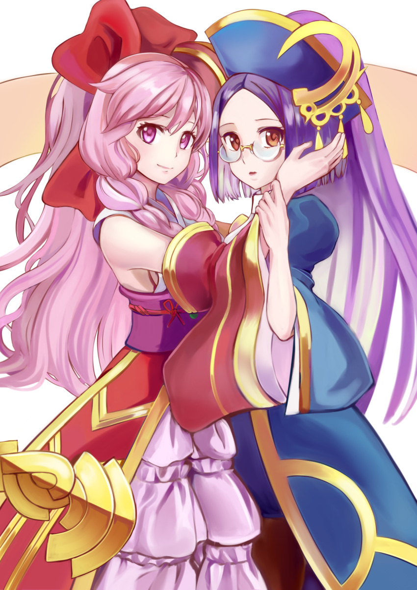 2girls, absurdres, ar_tonelico, ar_tonelico_ii, arm_grab, bangs, black_legwear, blue_hat, bow, braid, brown_eyes, closed_mouth, detached_sleeves, eyebrows, eyebrows_visible_through_hair, glasses, hair_between_eyes, hair_bow, hand_on_another's_head, hat, high_ponytail, highres, infel, japanese_clothes, long_hair, looking_at_viewer, multiple_girls, nenesha, obi, pantyhose, parted_bangs, parted_lips, pink_eyes, pink_hair, puffy_sleeves, purple_hair, red_bow, round_glasses, sash, shirowa, skirt, smile, standing, twin_braids, very_long_hair, white_background, wide_sleeves