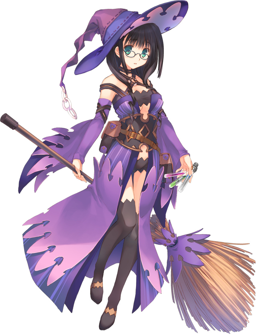1girl, aqua_eyes, aquaplus, bare_shoulders, belt, belt_pouch, black_hair, broom