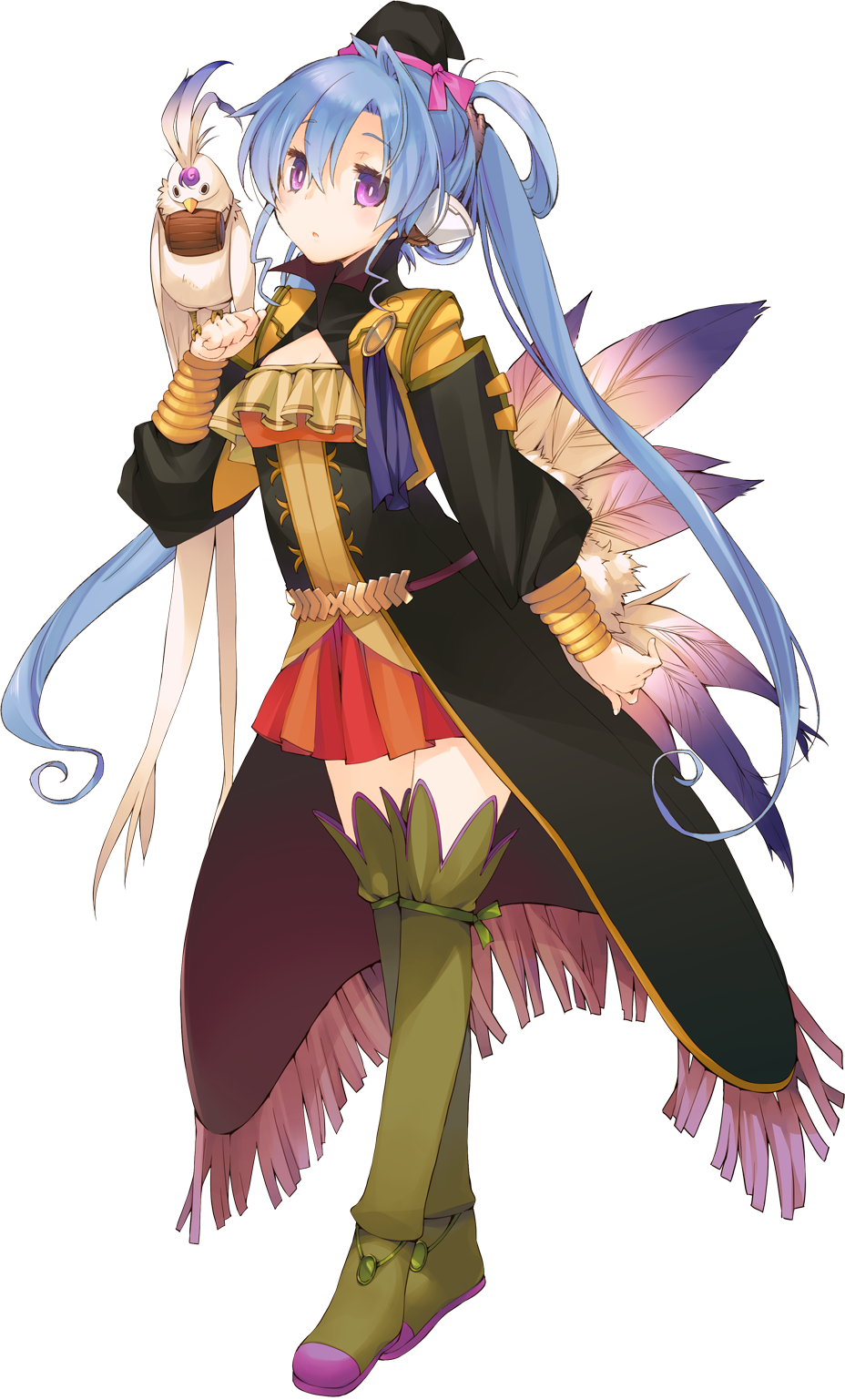 1girl, :o, animal, animal_on_shoulder, bird_on_shoulder, blue_hair, boots, bright_pupils, clenched_hand, dungeon_travelers_2, expressionless, feathers, fringe, hat, highres, ist, kokonoka, long_hair, long_sleeves, looking_at_viewer, official_art, pleated_skirt, skirt, solo, thigh-highs, thigh_boots, transparent_background, twintails, violet_eyes