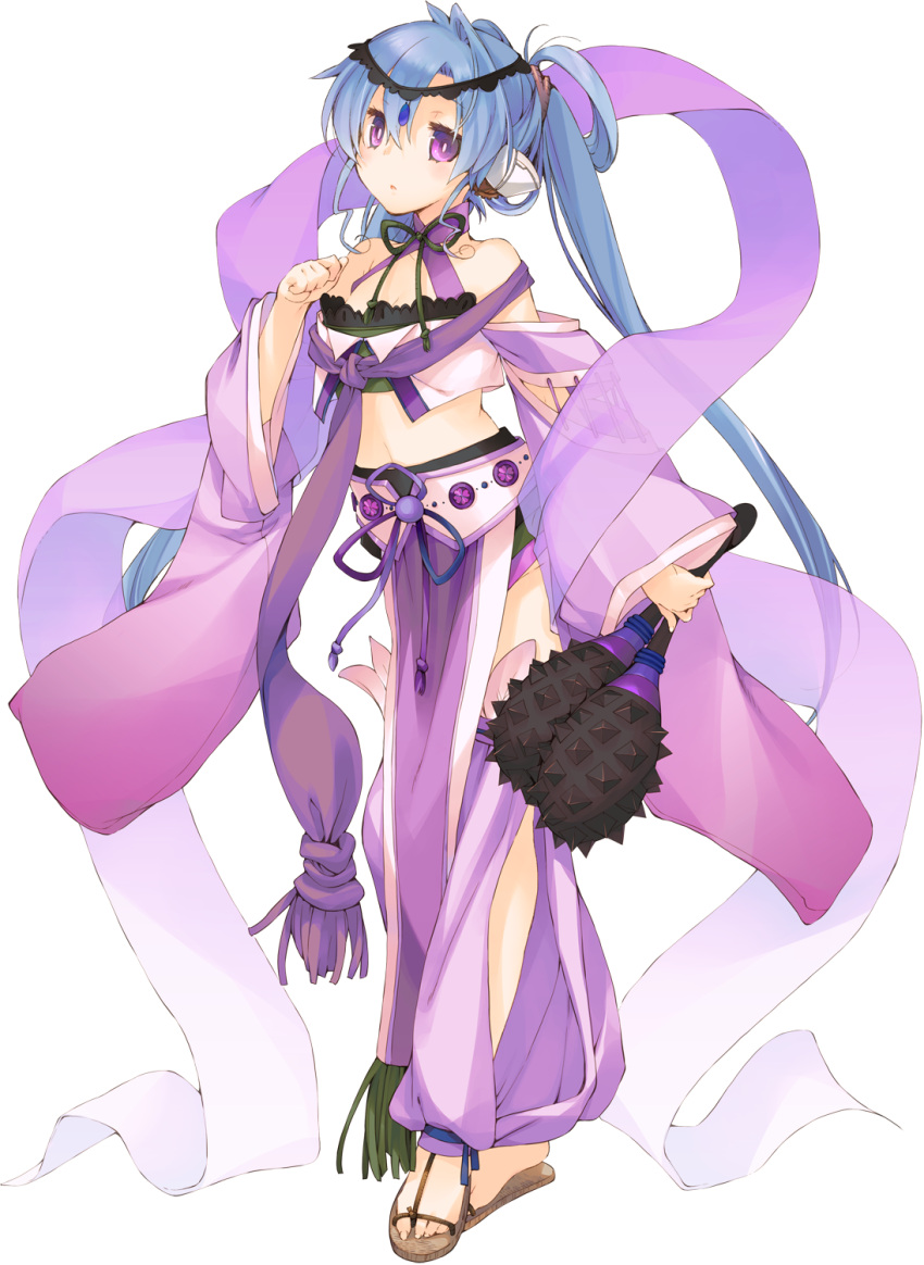1girl, :o, aquaplus, blue_hair, breasts, bright_pupils, cleavage, clenched_hand, dancer, dungeon_travelers_2, full_body, highres, holding, ist, kokonoka, long_hair, midriff, official_art, sandals, solo, transparent_background, violet_eyes