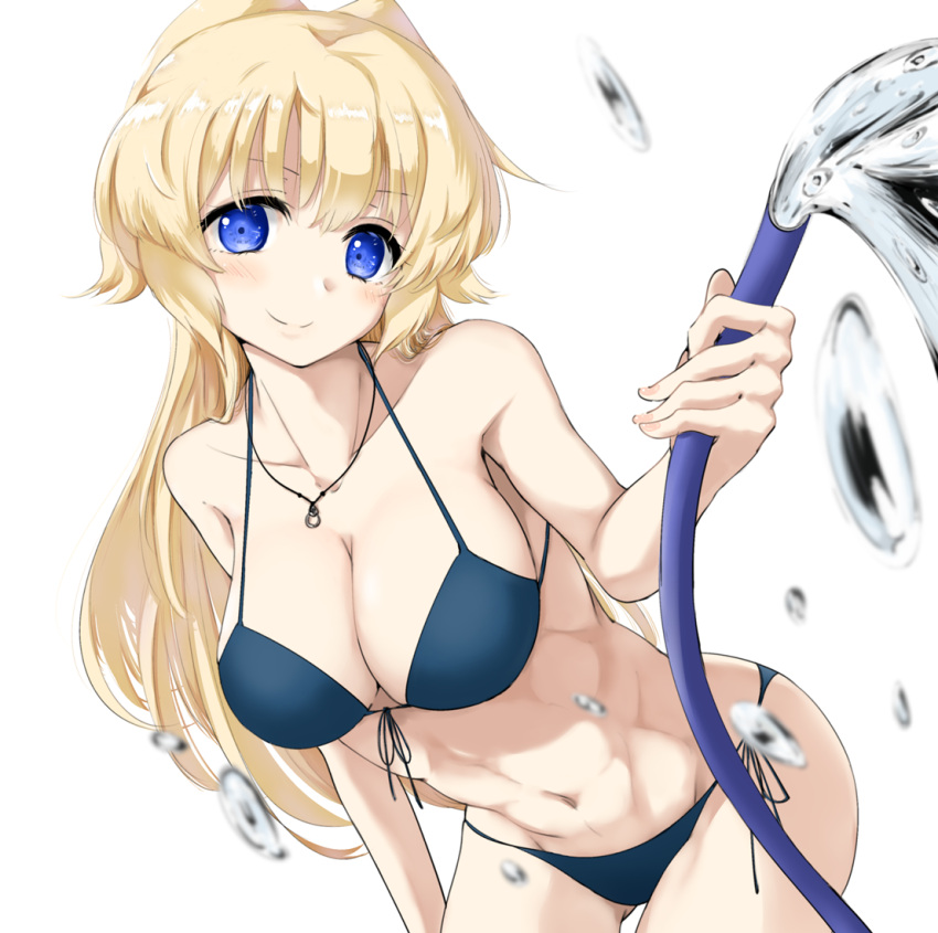 1girl, abs, bangs, bare_arms, bare_shoulders, bikini, blonde_hair, blue_bikini