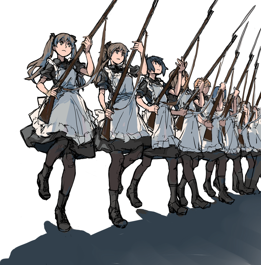 6+girls, apron, bayonet, black_eyes, black_legwear, boots, bow, brown_eyes
