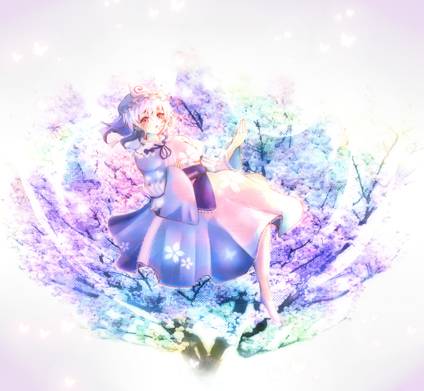 arm_garter, blue_dress, blue_hat, butterfly, cherry_blossoms, dress, floating, floral_print, hat, highres, japanese_clothes, kimono, long_sleeves, mob_cap, obi, open_mouth, petals, pink_eyes, pink_hair, saigyouji_yuyuko, saigyouji_yuyuko's_fan_design, sash, shiichi, short_hair, touhou, triangular_headpiece