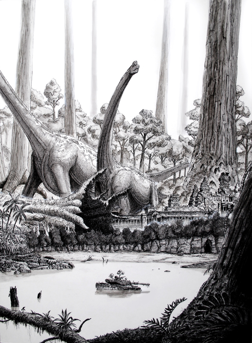 absurdres, acrylic_paint_(medium), anachronism, backlighting, brachiosaurus, building, dinosaur, forest