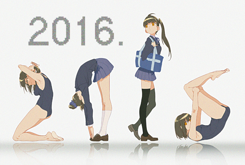 2016, 4girls, bag, barefoot, bent_over, black_legwear, breasts, brown_eyes