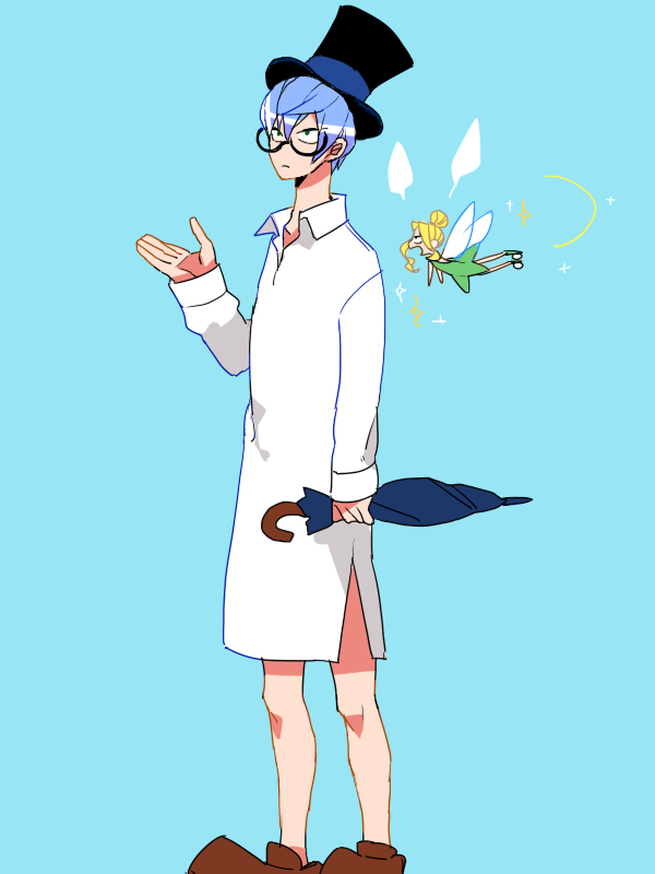 2boys, :d, black_hair, blonde_hair, blue_background, chappa_(kaetodo), cosplay, disney, hat, inumuta_houka, iori_shirou, john_darling, john_darling_(cosplay), kill_la_kill, multiple_boys, open_mouth, pajamas, peter_pan_(disney), purple_hair, simple_background, smile, tinker_bell, tinker_bell_(cosplay), tinker_bell_(disney), top_hat, umbrella