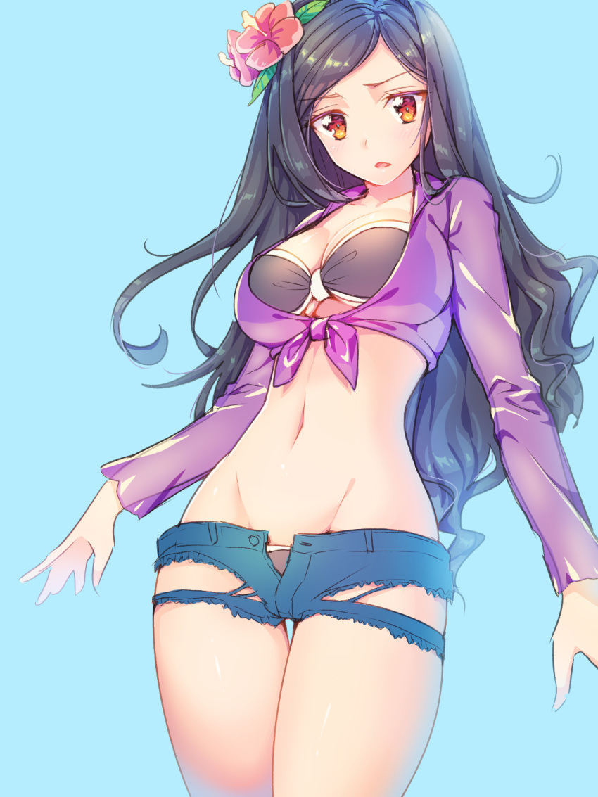 1girl, alternate_costume, bikini, black_bikini, black_hair, blue_background, breasts, brown_eyes