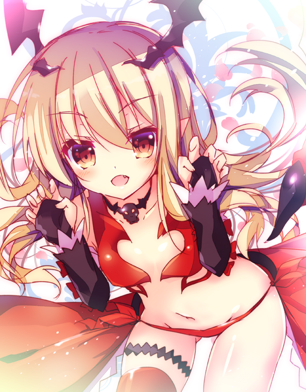 1girl, bangs, blonde_hair, breasts, brown_eyes, collar, dress, elbow_gloves, eyebrows, eyebrows_visible_through_hair, fang, fingerless_gloves, gloves, gluteal_fold, granblue_fantasy, hair_between_eyes, hair_ornament, long_hair, looking_at_viewer, nanamomo_rio, navel, paw_pose, pointy_ears, red_dress, red_legwear, revealing_clothes, simple_background, small_breasts, solo, thigh-highs, thigh_strap, vampy_(granblue_fantasy), white_background