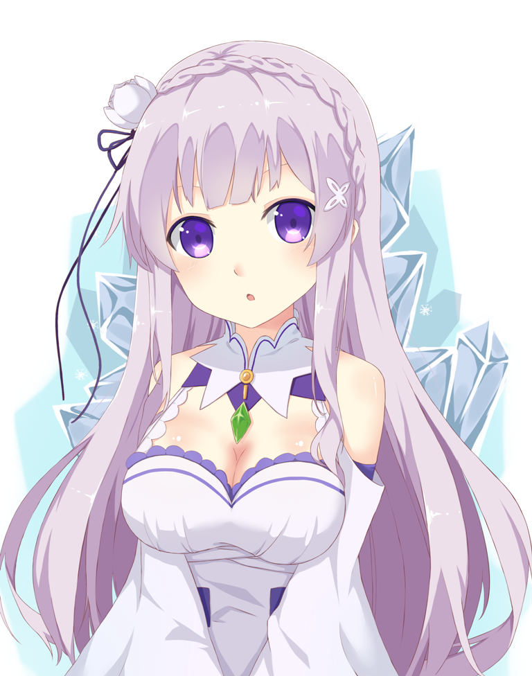 1girl, blue_ribbon, breasts, cleavage, detached_sleeves, dress, emilia_(re:zero), flower