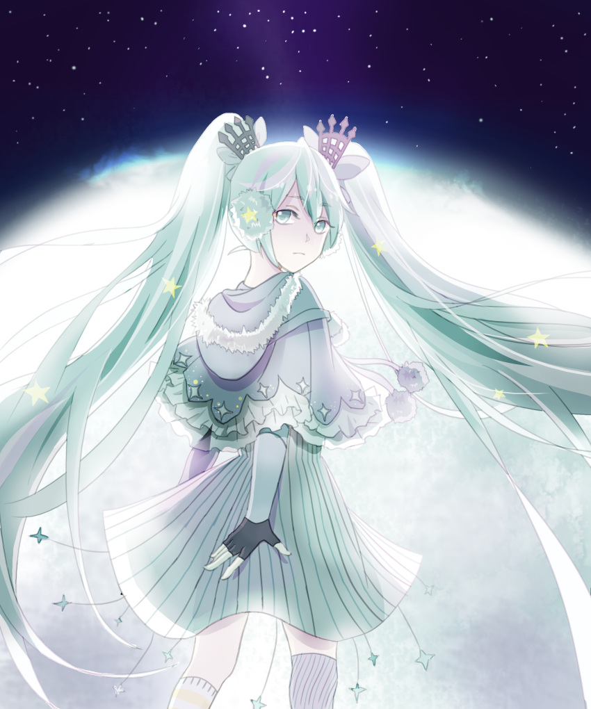 1girl, absurdres, asymmetrical_legwear, black_gloves, blue_eyes, blue_hair, earmuffs, fingerless_gloves